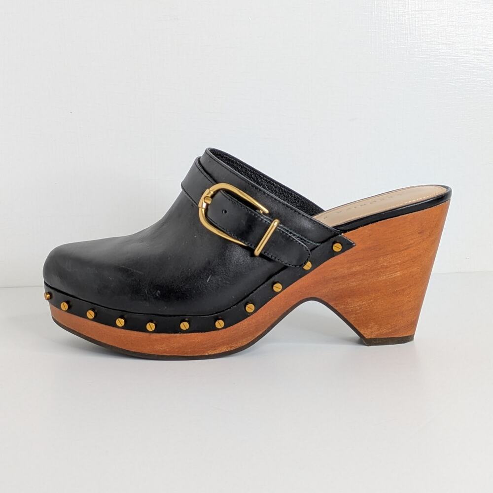 Veronica Beard Hendrix Platform Clogs 9 Black Leather Wood Heel Slip On Mules - Picture 7 of 16